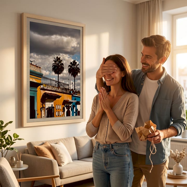 Woman giving framed art in cozy living room