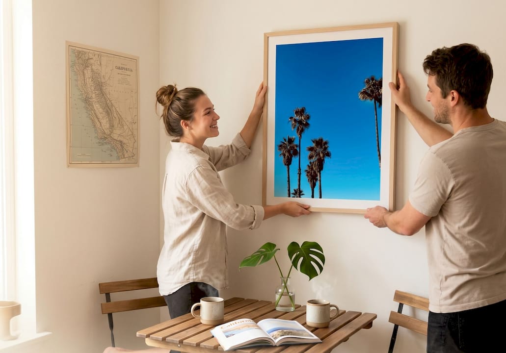 Couple preparing to hang map wall art