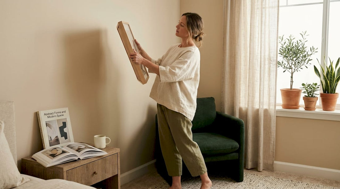 Woman evaluating California art for living room wall