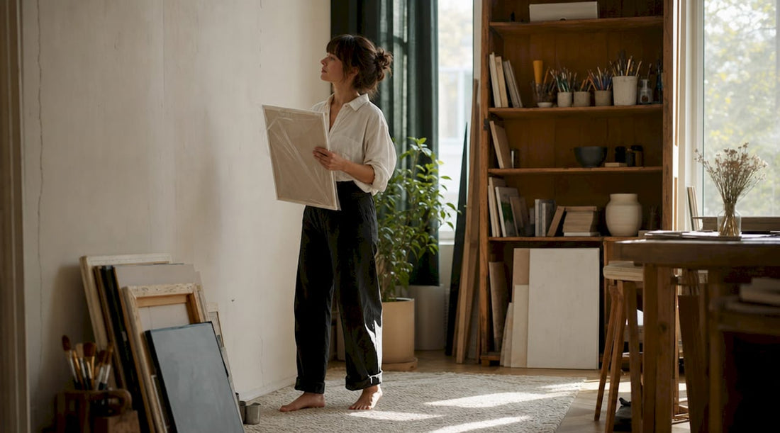 Woman selecting art gift in living room
