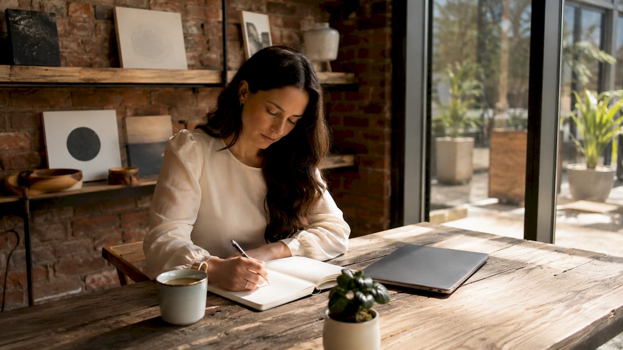 Entrepreneur writing purpose statement at home desk