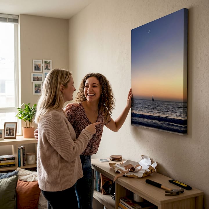 Woman adjusting wall art in modern living room