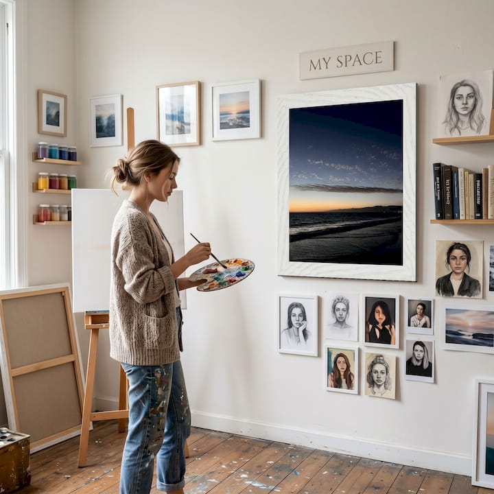 Woman hanging wall art in modern living room