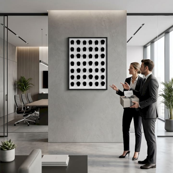 Woman arranging art gifts in corporate office