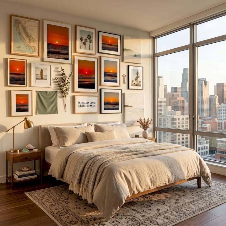 California mood board wall art on living room wall