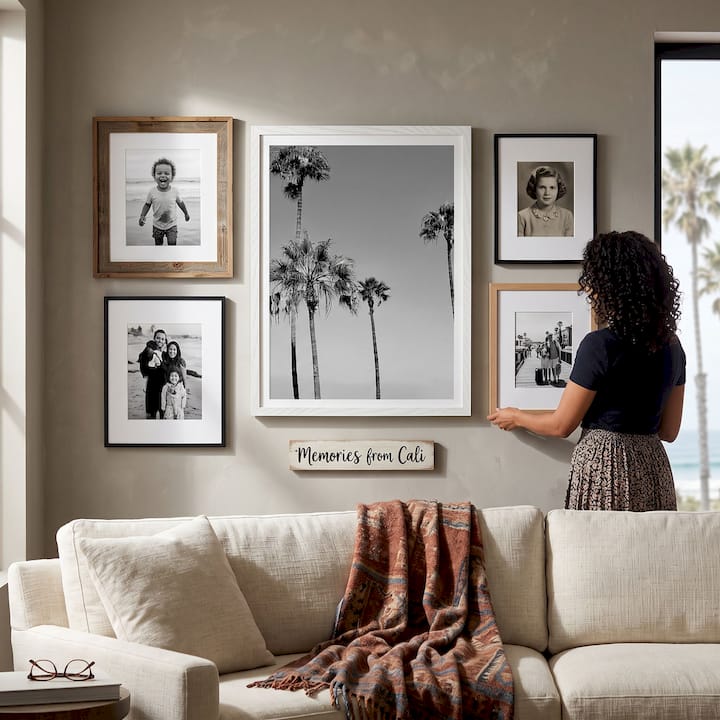Woman arranging photographic prints on table in living room