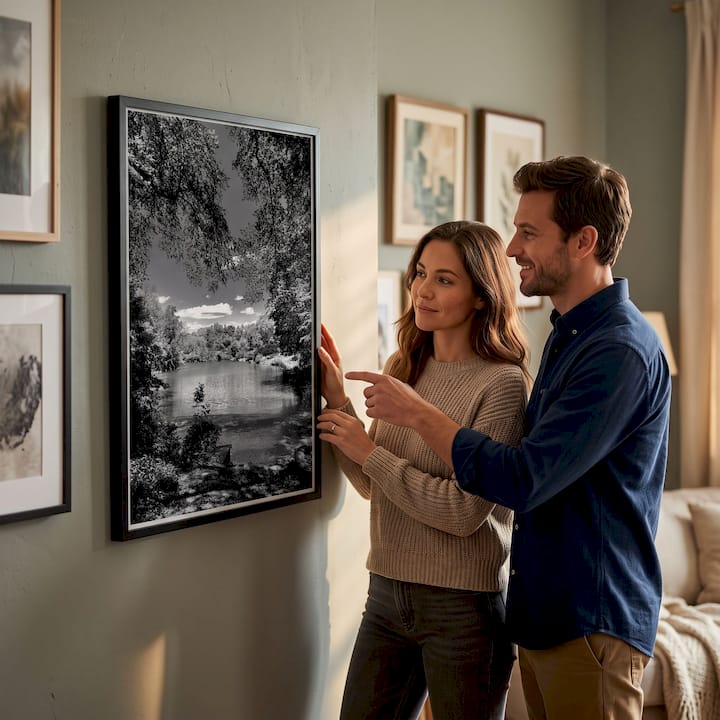 Group examining photography print gifts in living room