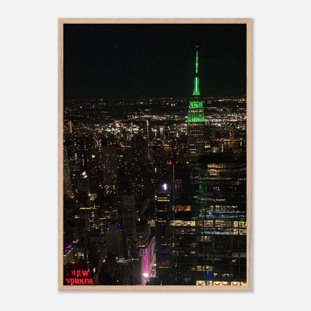 Wood-mounted framed poster of NYC downtown night view featuring the Empire State Building from the Travel Collection, Studio Edition.