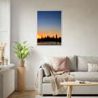 Premium wooden framed Manhattan skyline sunset poster, travel-themed wall art with vibrant cityscape and warm sunset hues.