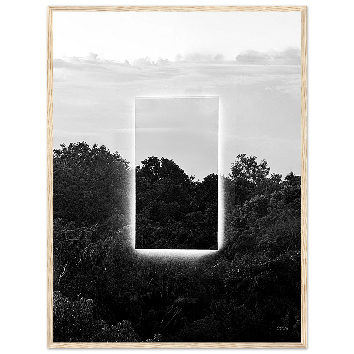 Black and white print titled "A Window into Jungle Stillness" by CaliCuration, showcasing a serene jungle scene with lush foliage.