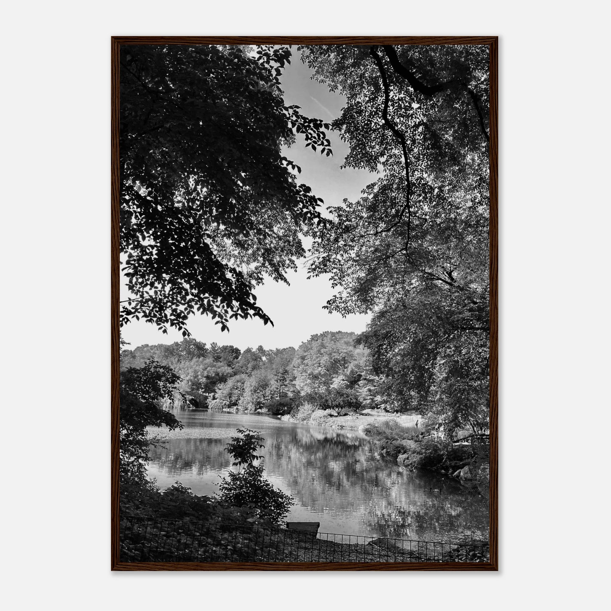 Black and white framed print of Upstate NY summer lake scene from the My Store Travel Collection, Studio Edition, Holiday 25 series.