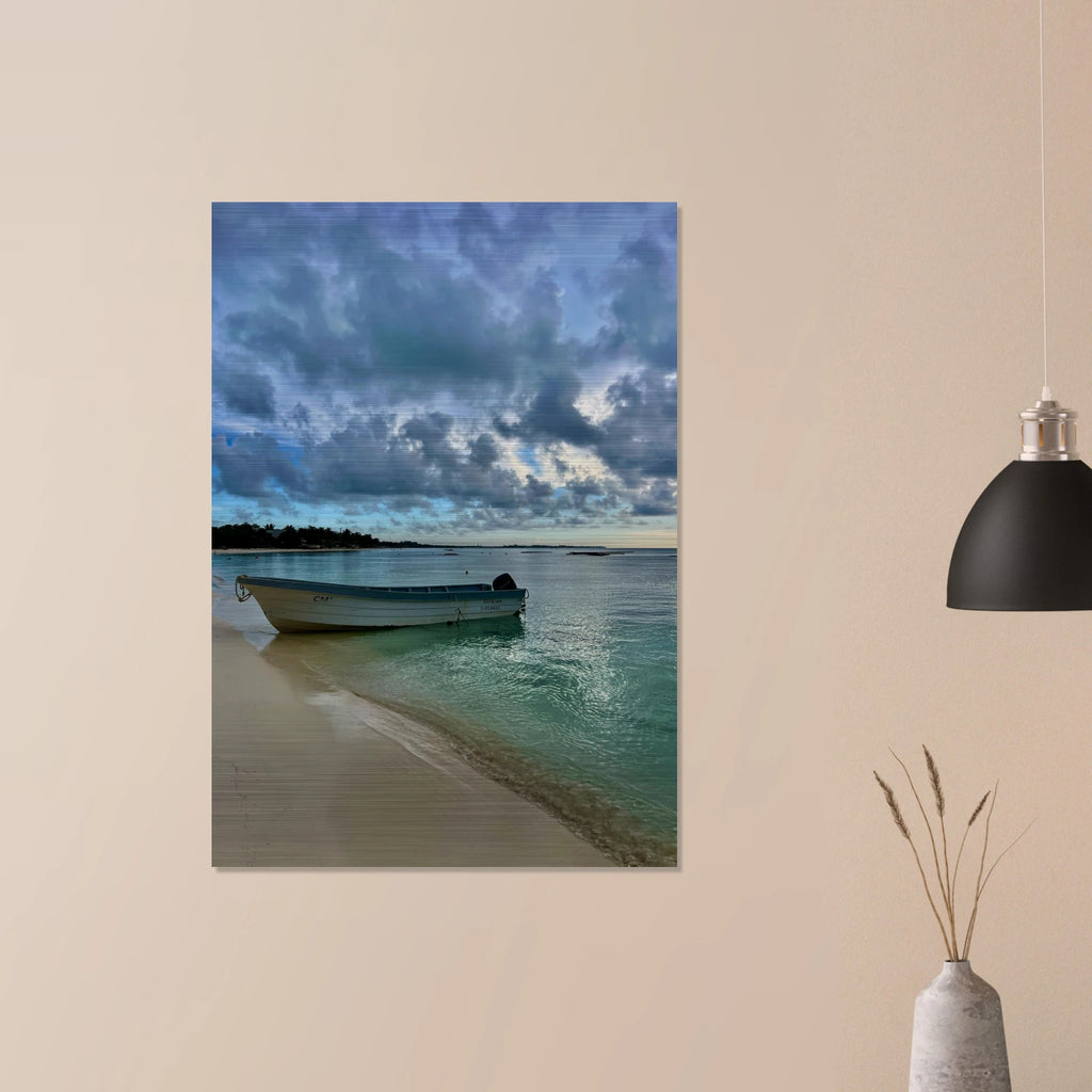 Brushed aluminum print of a tranquil Caribbean beach scene featuring a fisherboat from CaliCuration's Idyllic Tulum Travel Collection.