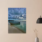Brushed aluminum print of a tranquil Caribbean beach scene featuring a fisherboat from CaliCuration's Idyllic Tulum Travel Collection.