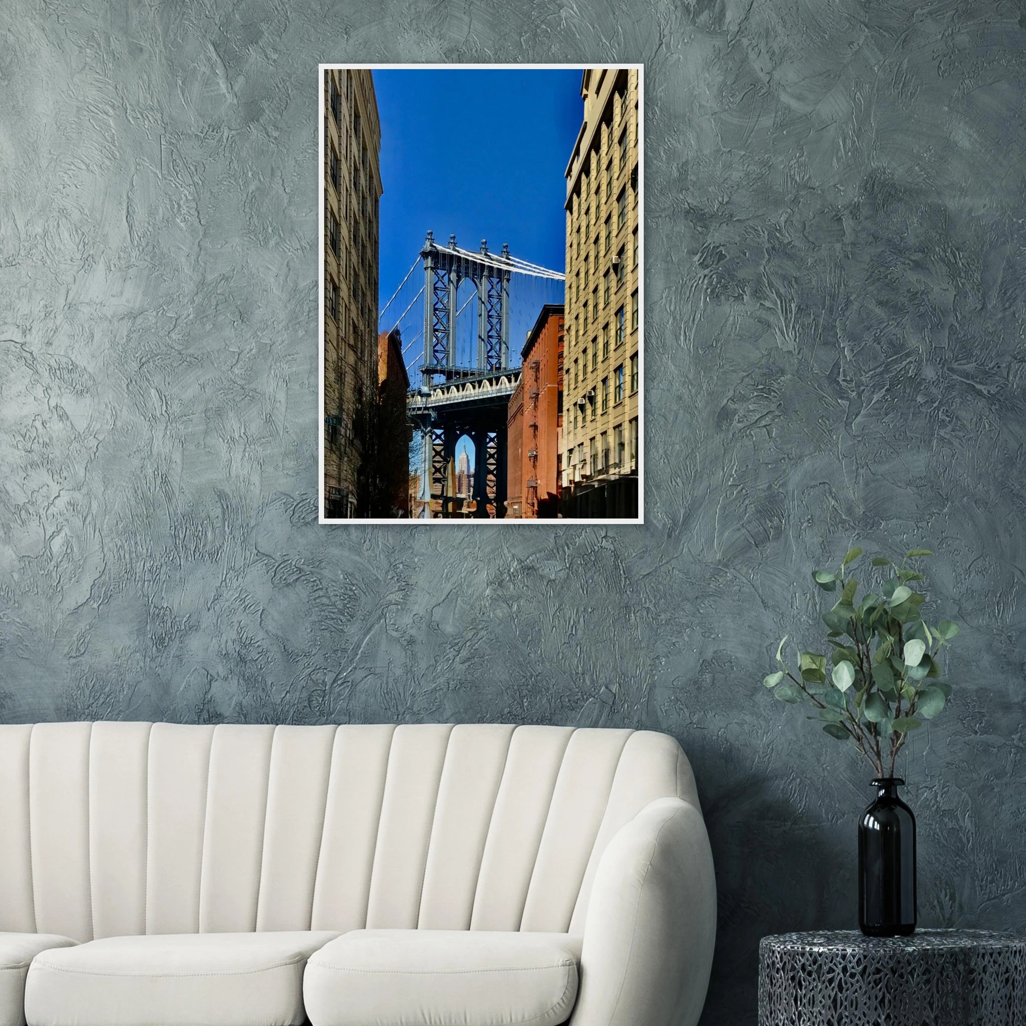 NYC Dumbo skyline wooden framed print by CaliCuration, featuring spring day travel-themed wall art with vibrant cityscape details.