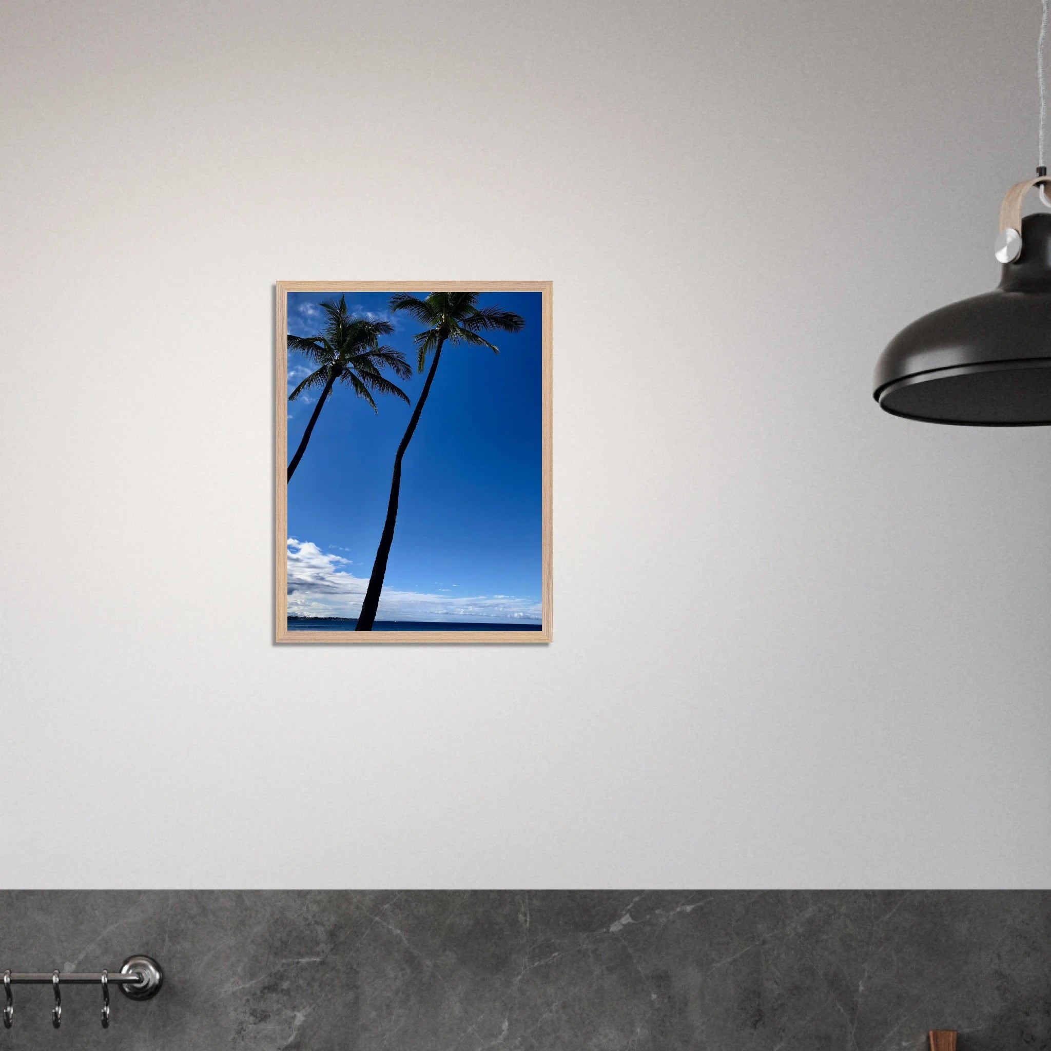 Framed print of Hawaii Iconic Palm Tree Twins and Pacific Waves, featuring travel-themed artwork by CaliCuration.