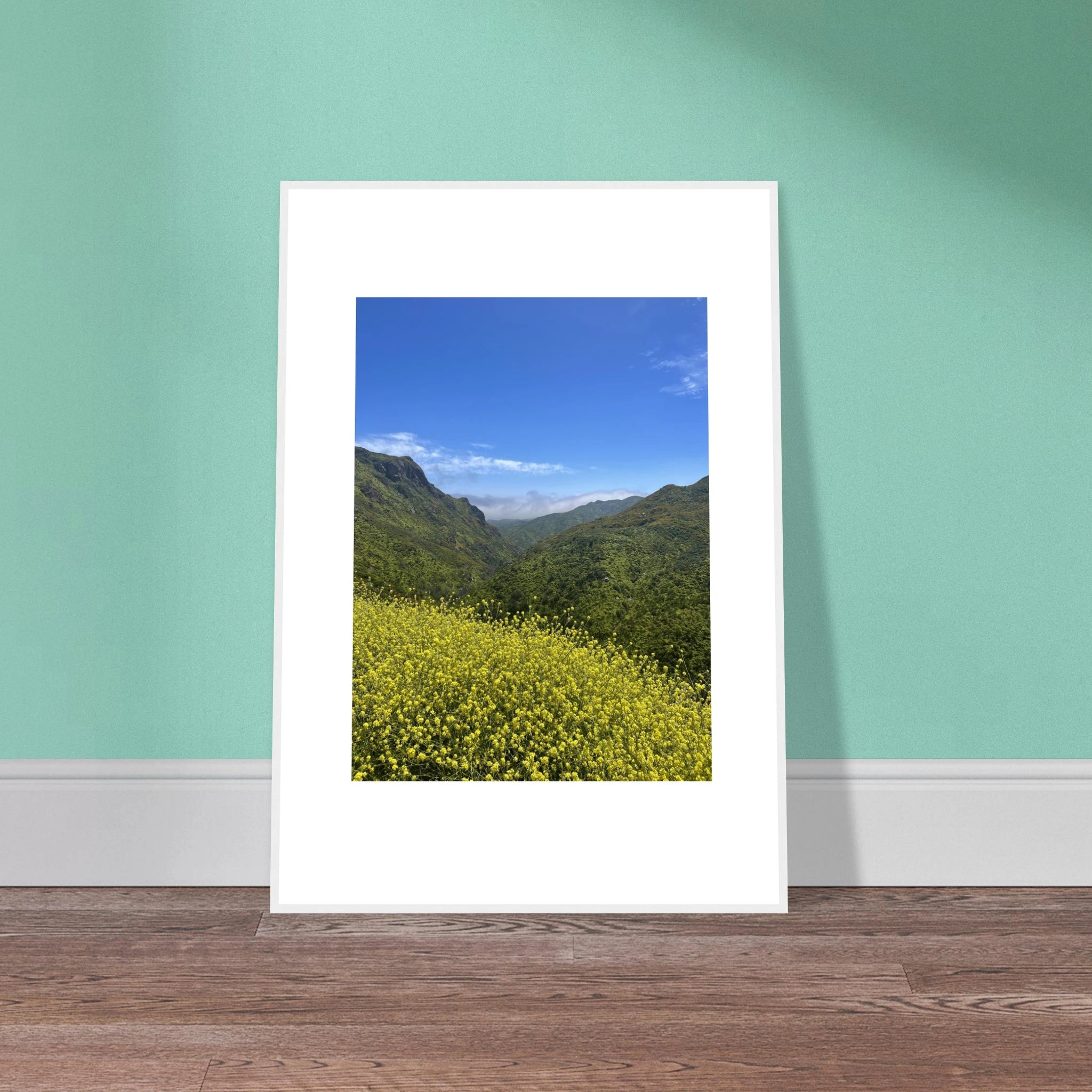 High-quality framed art print of Malibu Canyon in spring bloom wildflowers, showcasing California landscape and vibrant colors.