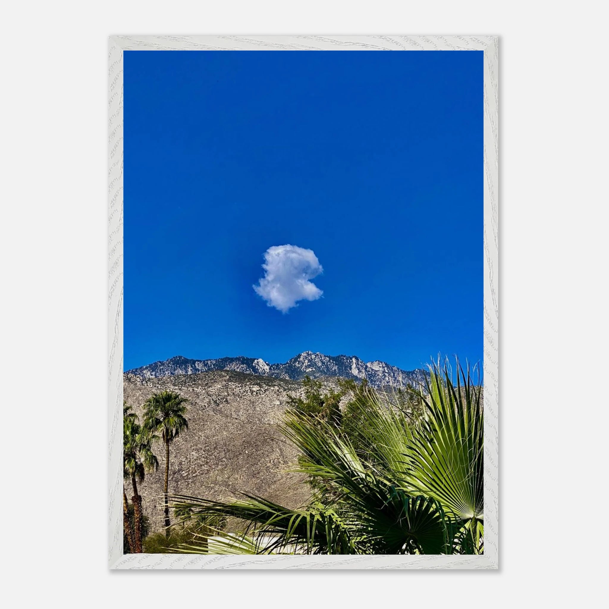 Palm Springs cloud mounted wooden framed poster featuring vibrant California art, perfect for home decor in a modern setting.