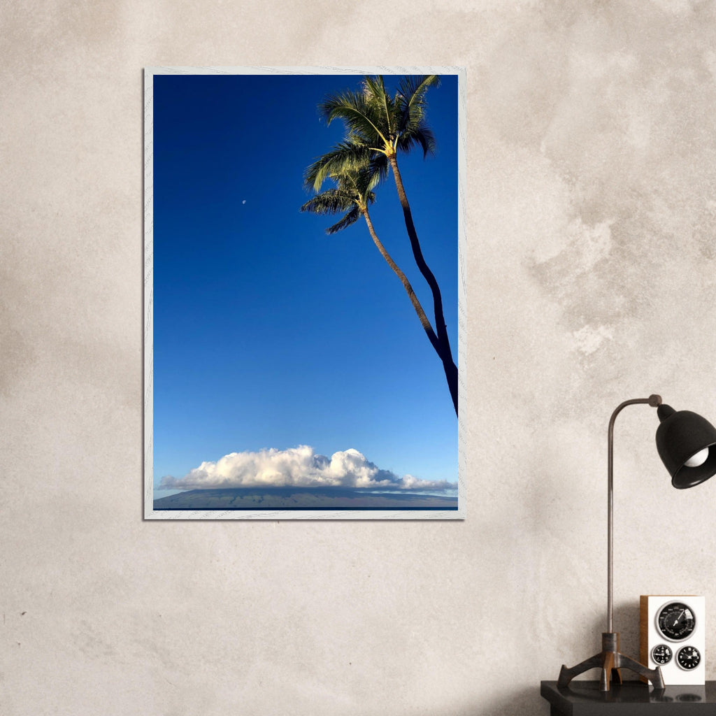 Hawaii Volcano Clouds and Pacific scene framed print by CaliCuration, showcasing vibrant volcanic landscape and ocean views.