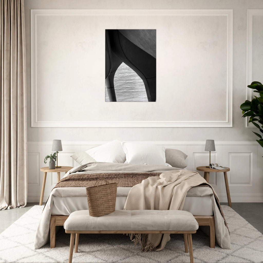 Black and white abstract canvas print of NYC Hudson River Pier featuring high heels in water, from the Studio Edition Travel Collection.