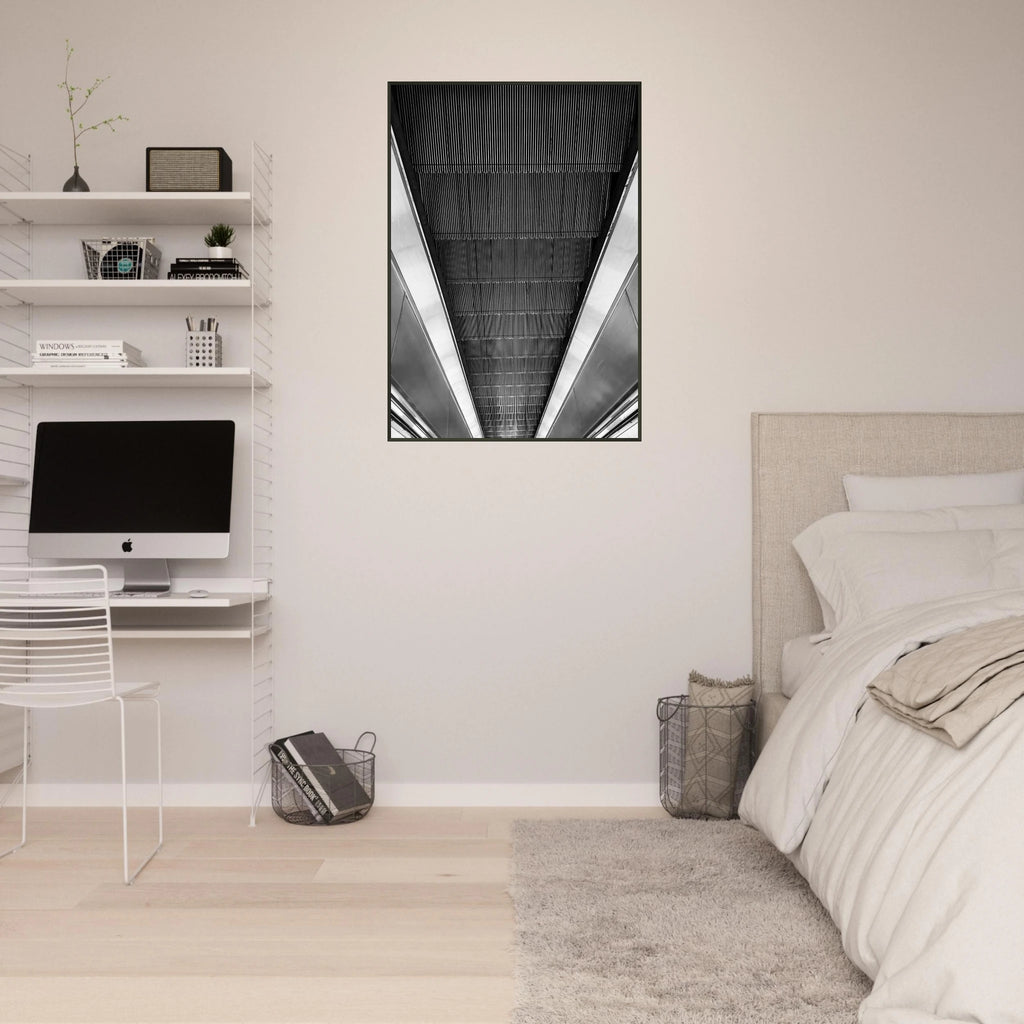 Black and white framed print of London Tube escalator abstract art from the Travel Collection, Studio Edition, by My Store.