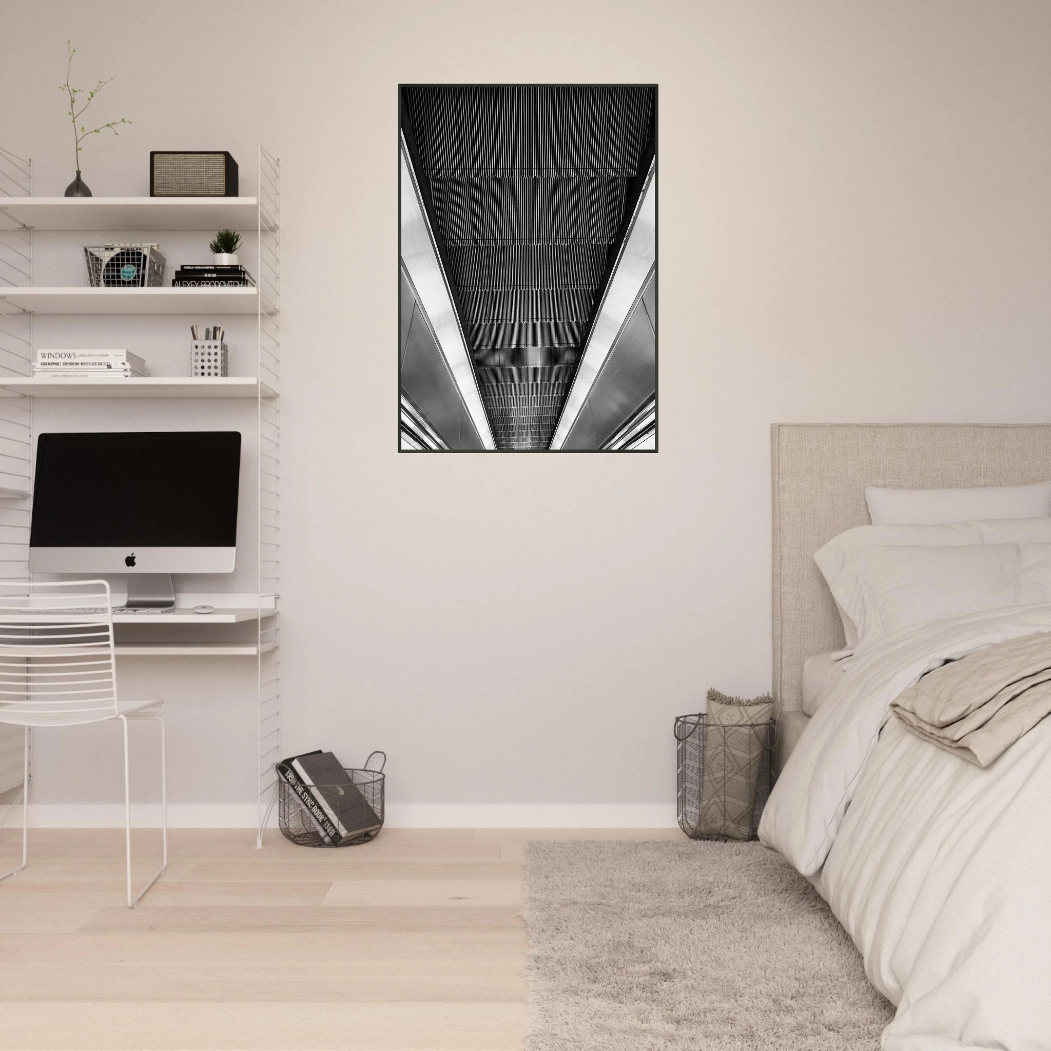 Black and white framed print of London Tube escalator abstract art from the Travel Collection, Studio Edition, by My Store.