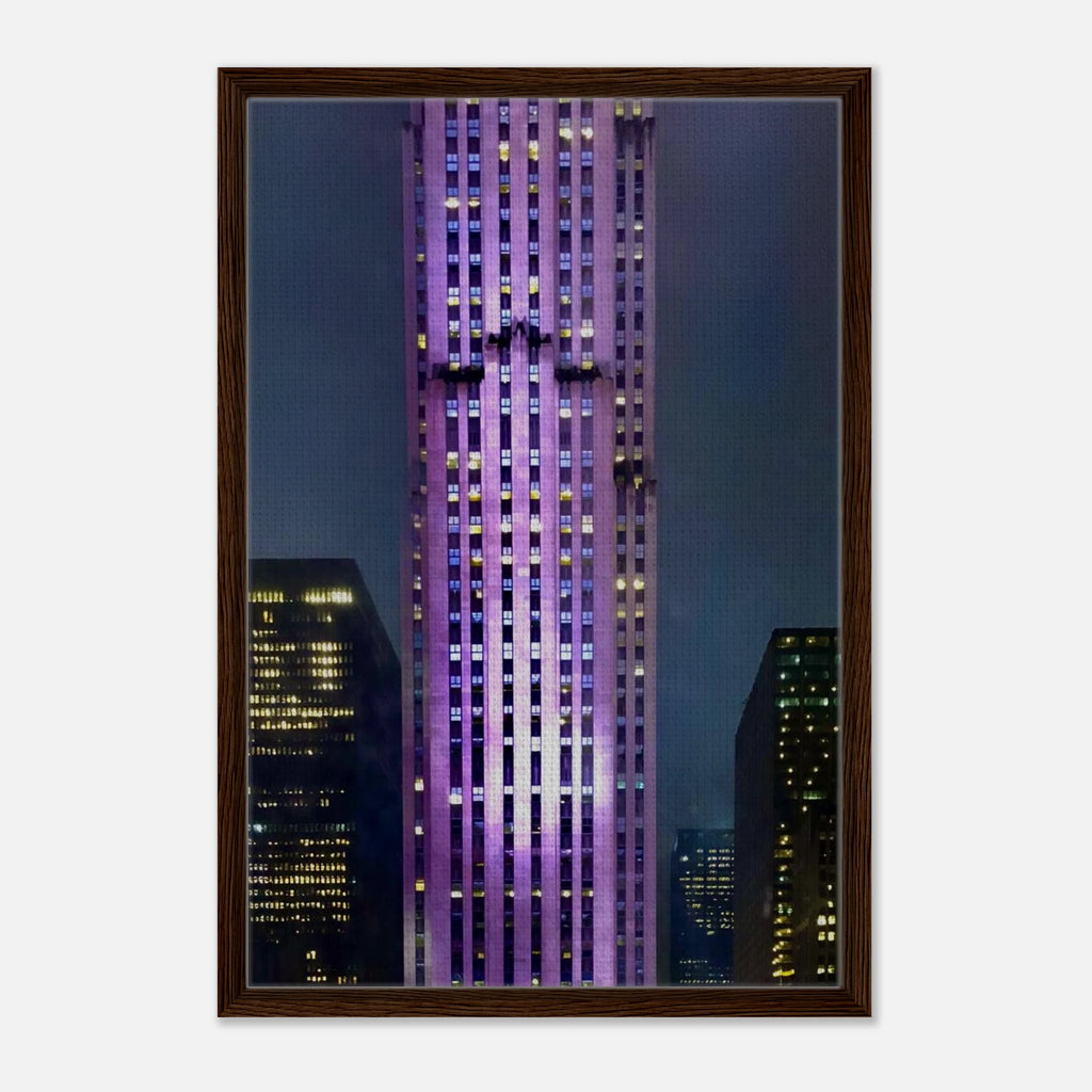 Framed canvas art of the NYC holiday skyline in purple, part of the Studio Edition travel collection, showcasing vibrant cityscape details.