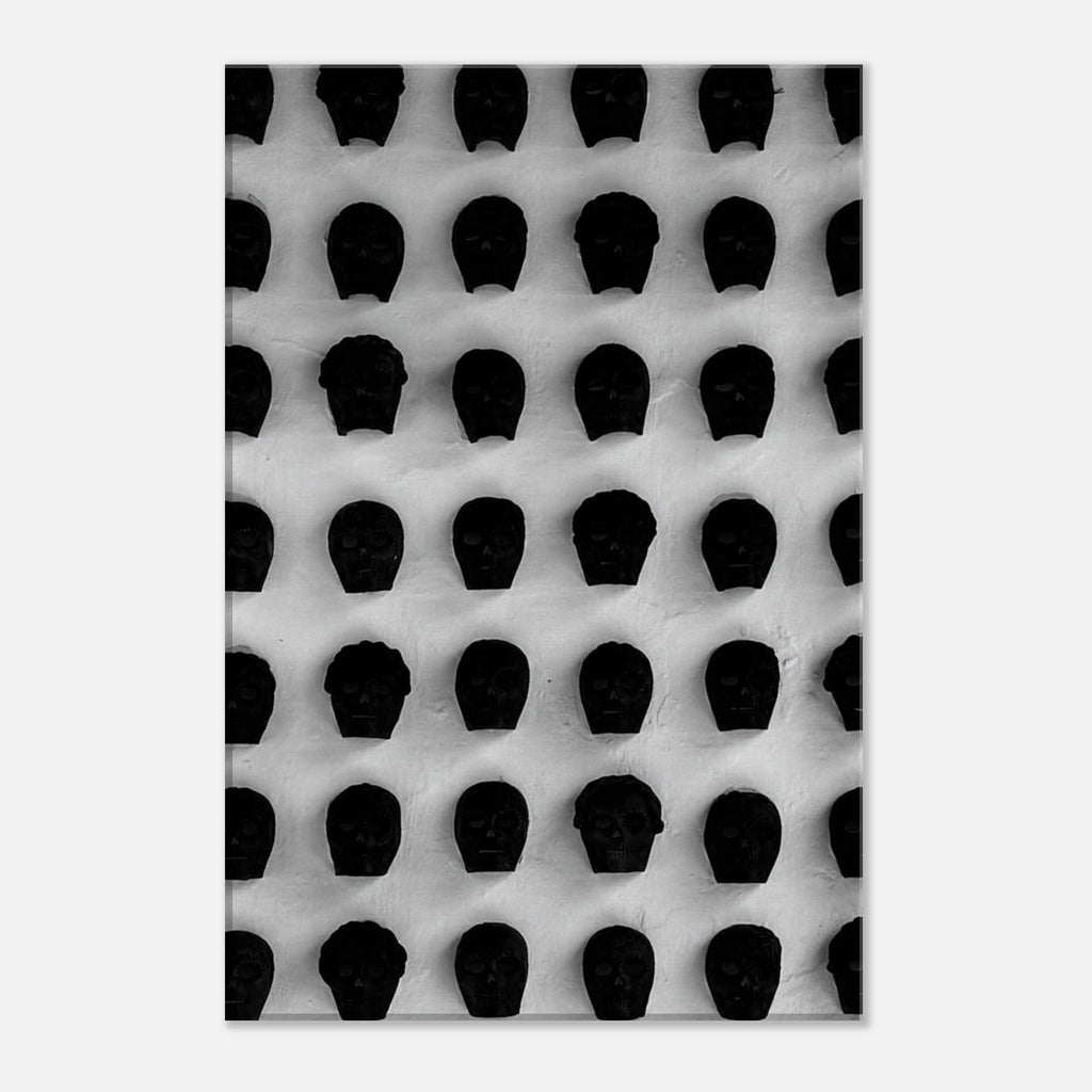 Black and white monochrome skull grid canvas wall art print from My Store's minimalist travel collection, abstract statement photography.