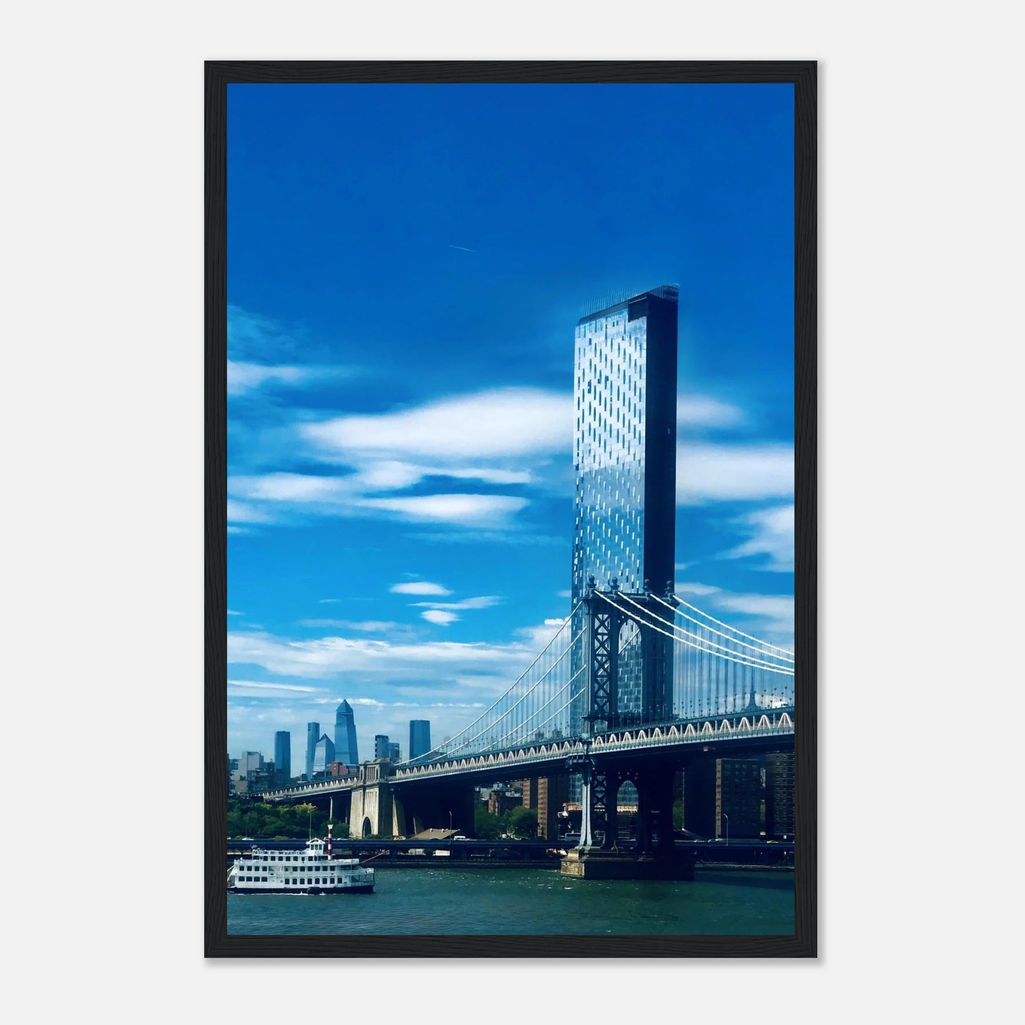 Framed NYC Manhattan Bridge and East River urban photography print, featuring iconic New York City skyline and bridge views.