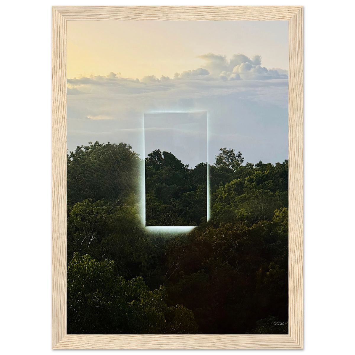 Color print by CaliCuration titled "A Window into Jungle Stillness," featuring a serene jungle scene in an exclusive edition of 5.