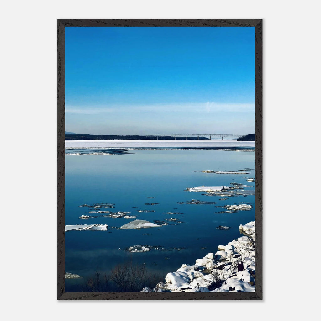 Premium wooden framed Hudson Valley winter poster print with snowy landscape, featuring a chic wood frame and holiday travel vibes.