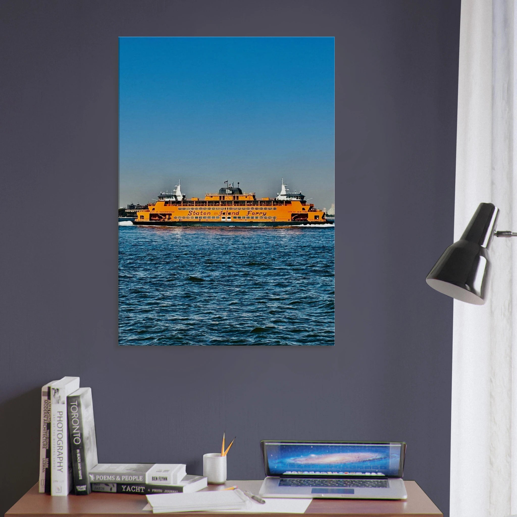 NYC skyline canvas print featuring the Staten Island Ferry, from CaliCuration's Travel Collection, studio edition artwork.