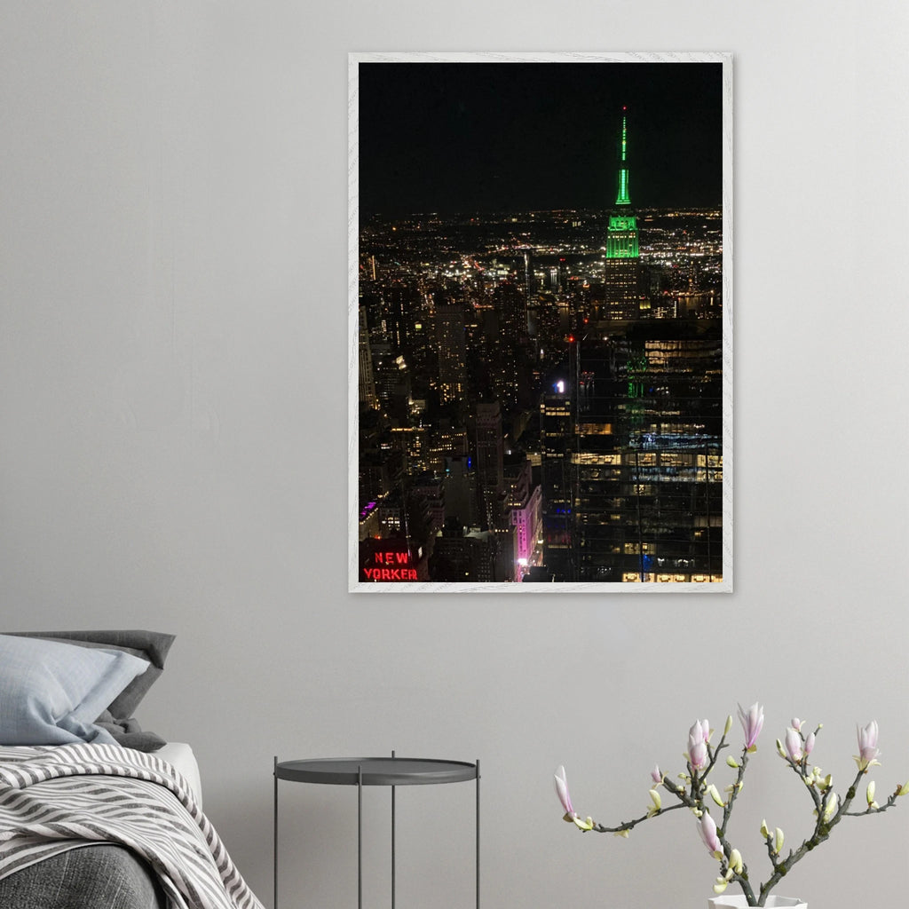 Wood-mounted framed poster of NYC downtown night view with Empire State Building, part of the Studio Edition travel collection.