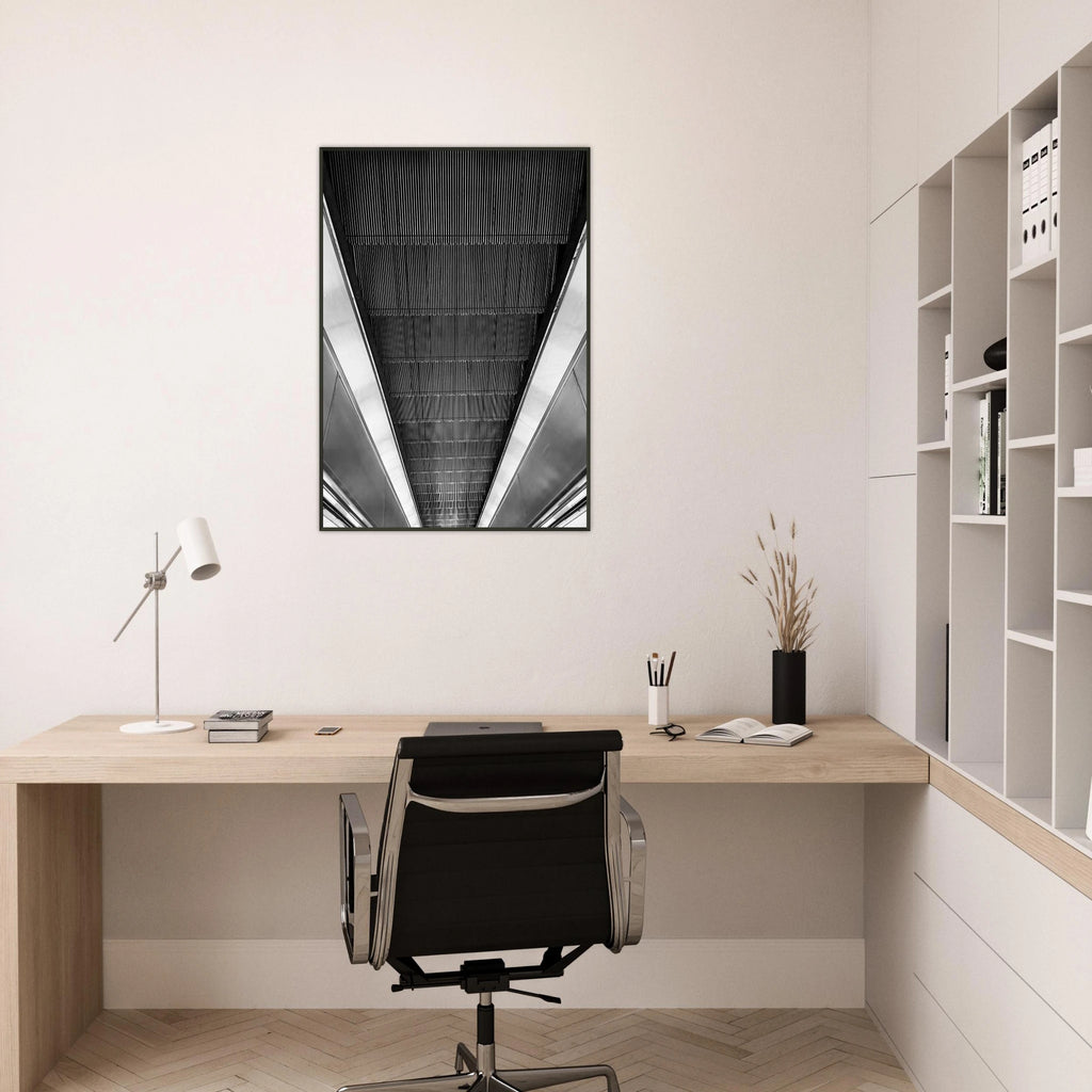 Black and white framed print of London Tube escalator abstract art from the Travel Collection, studio edition, by My Store.