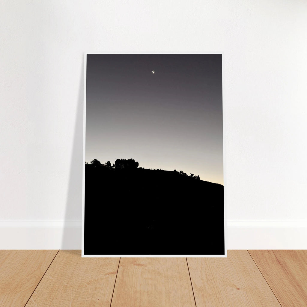 Black and white wooden framed poster of the Fall New Moon Hollywood Hills California scene, semi-glossy print art, Studio Edition.