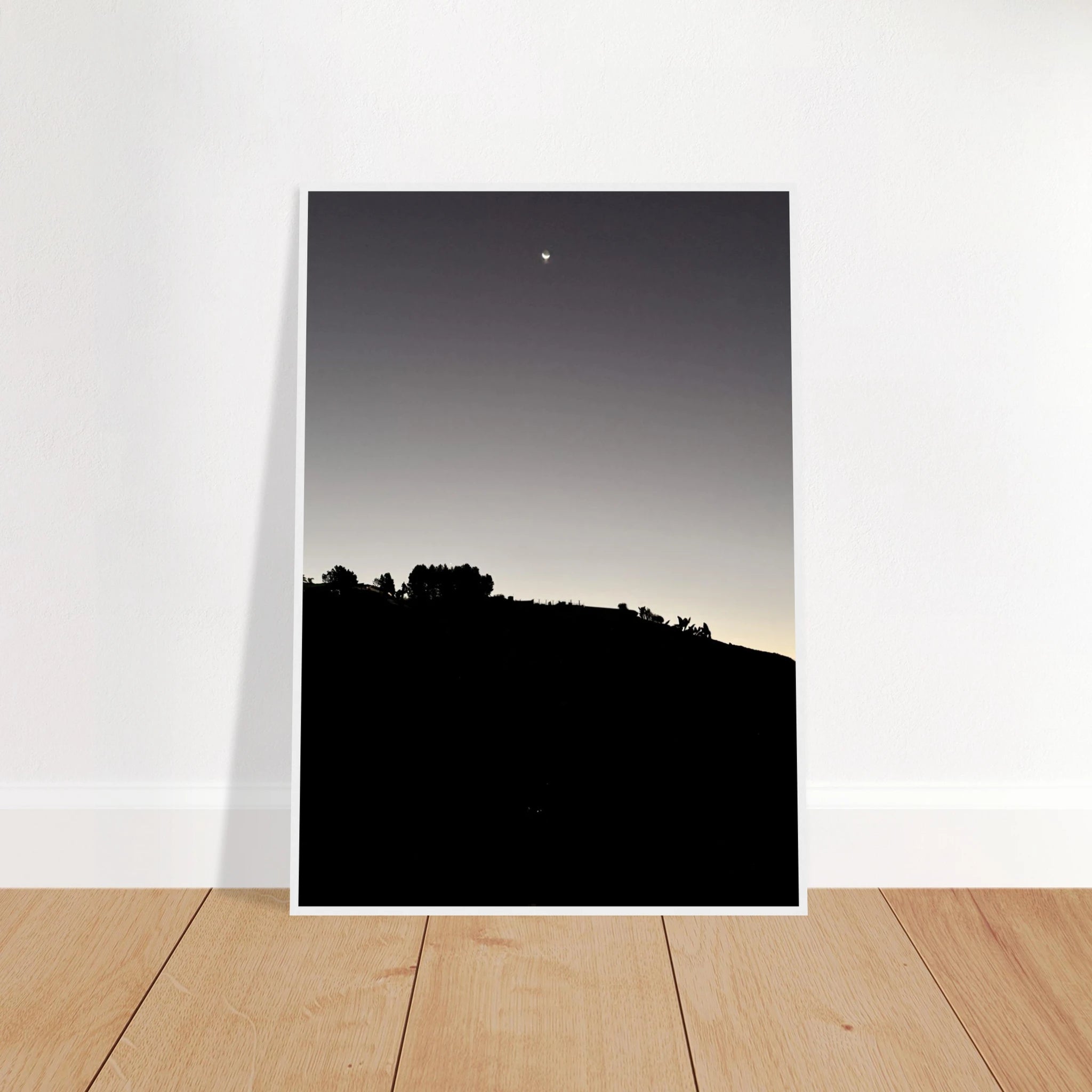 Black and white wooden framed poster of the Fall New Moon Hollywood Hills California scene, semi-glossy print art, Studio Edition.