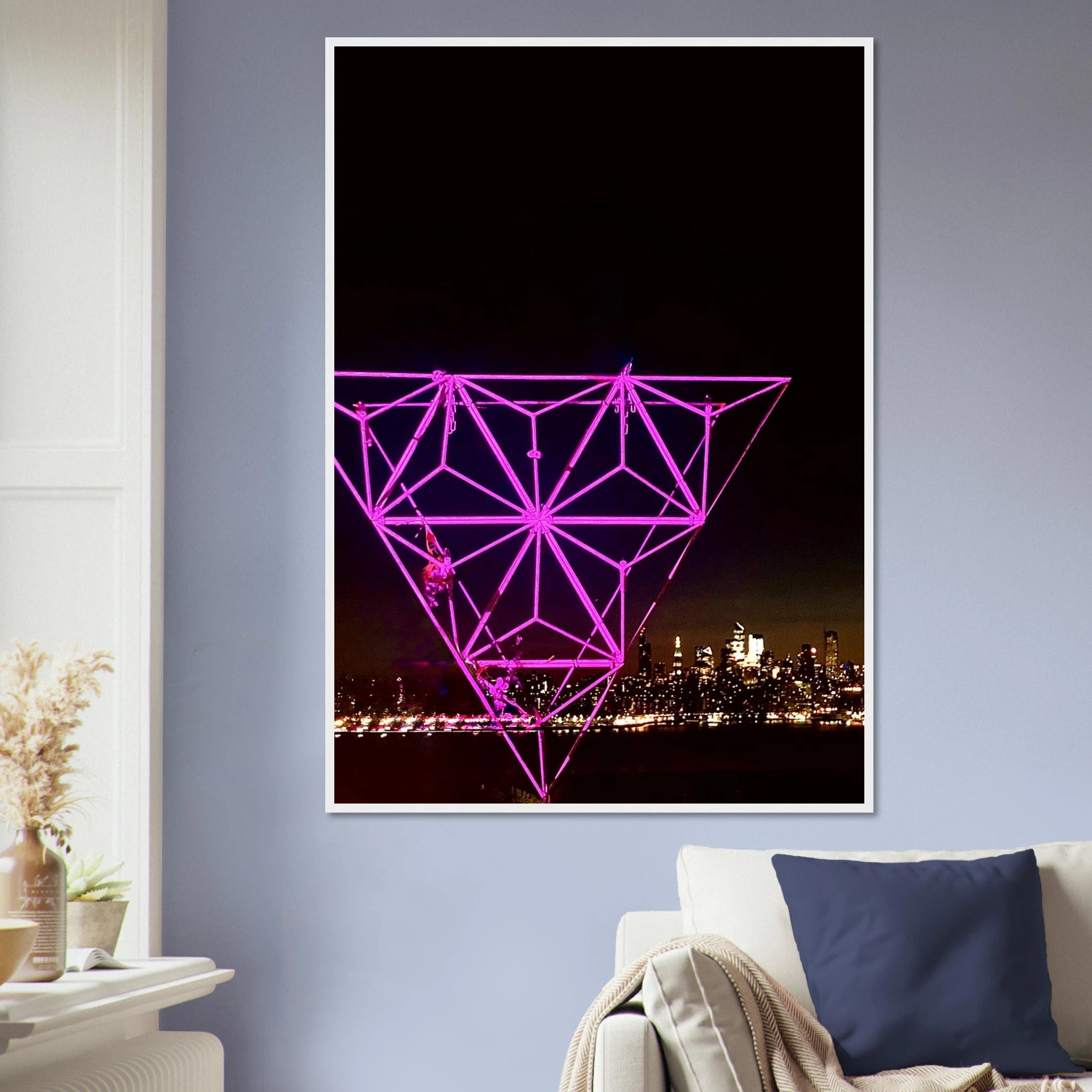 Framed print of a New York City holiday art installation featuring a vibrant Manhattan night view with Empire State Building, in a travel collection.