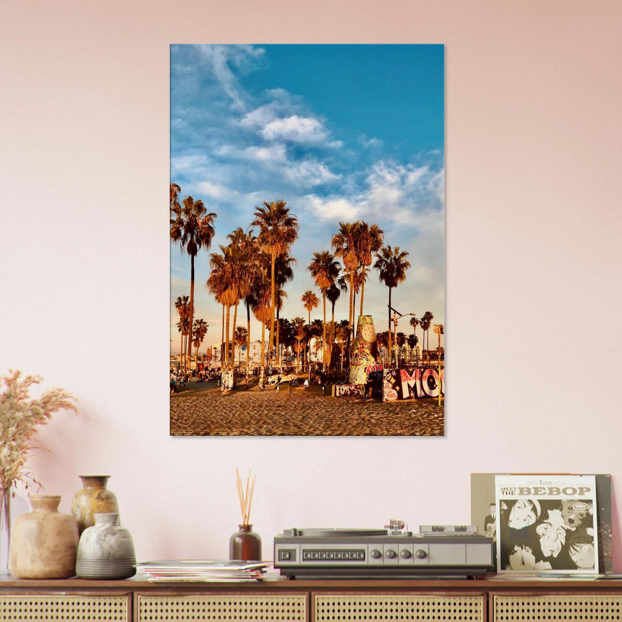 SoCal Beach canvas print featuring edgy palm trees and graffiti design, showcasing a California beach oasis artwork.