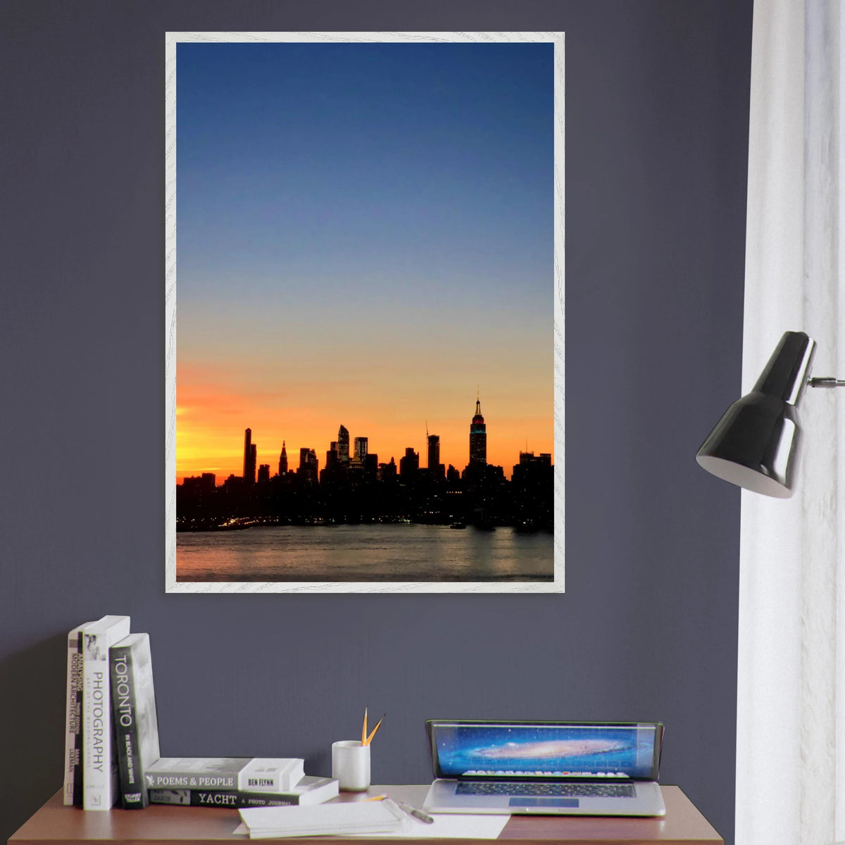 Manhattan Skyline Sunset framed poster featuring NYC wall art with vibrant sunset colors and cityscape print on high-quality material