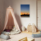 Manhattan skyline sunset framed poster featuring NYC cityscape, printed on high-quality material with vibrant colors and modern design.