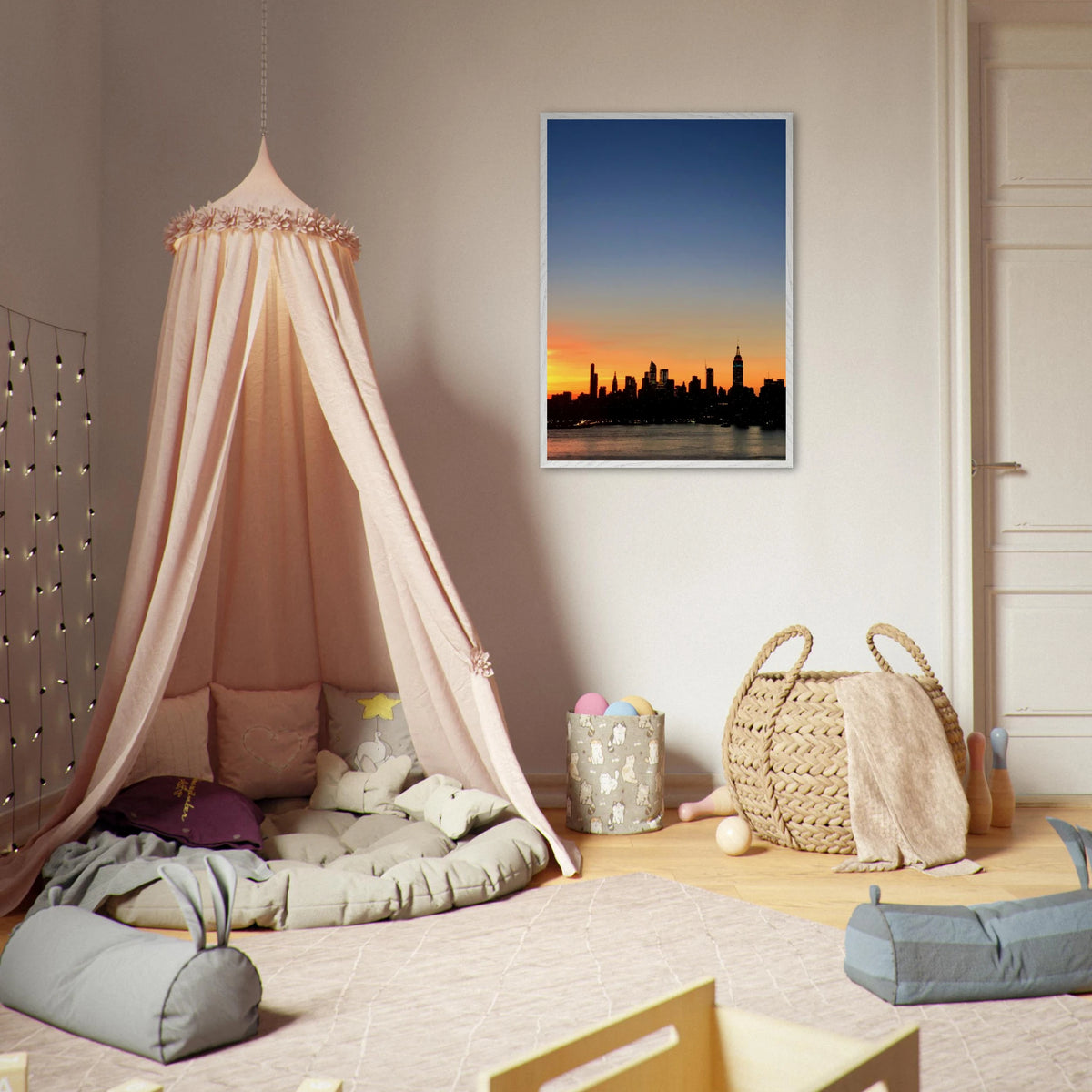 Manhattan skyline sunset framed poster featuring NYC cityscape, printed on high-quality material with vibrant colors and modern design.