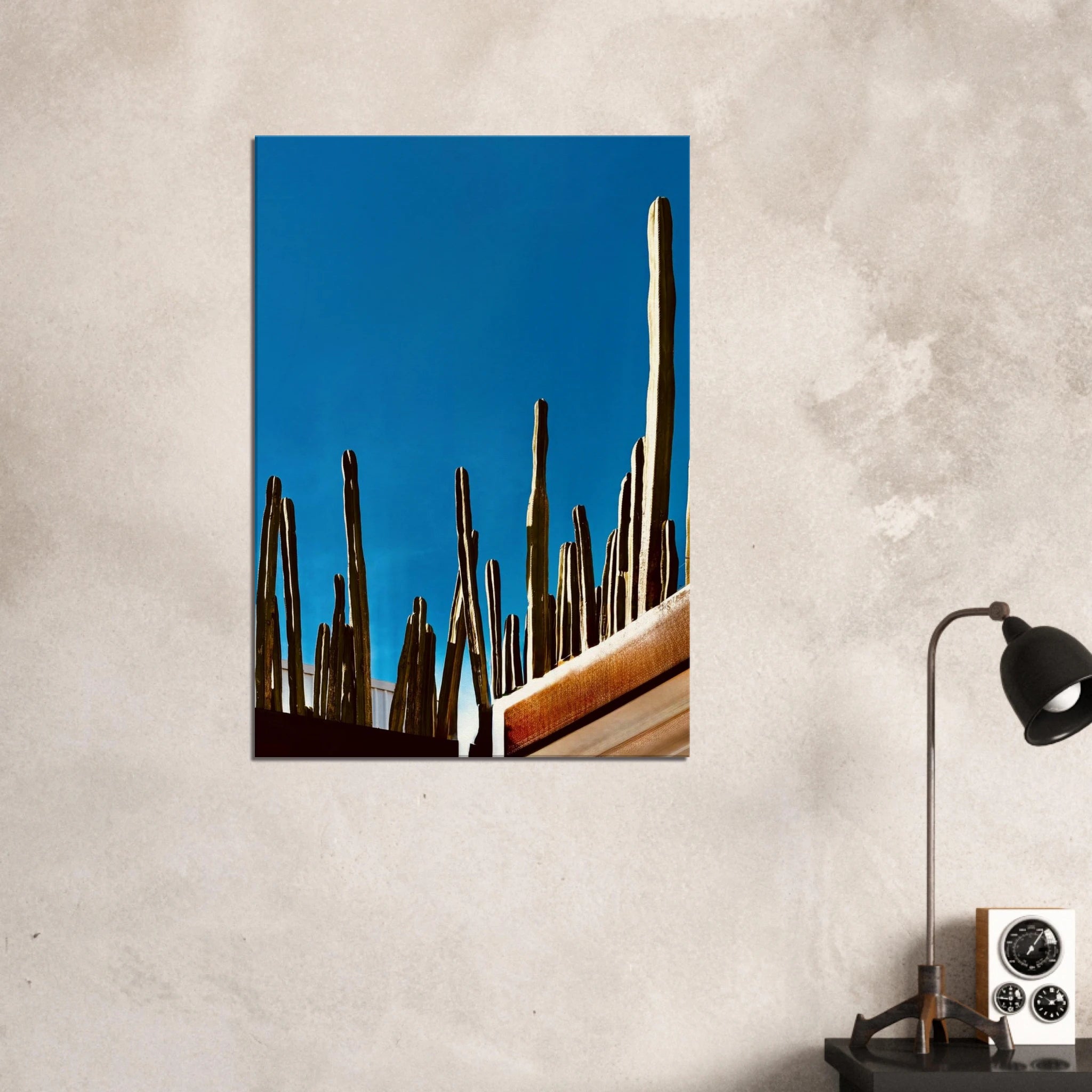 Mexico cactus family on rooftop canvas artwork, travel collection print by My Store, featuring vibrant desert plants and cityscape.