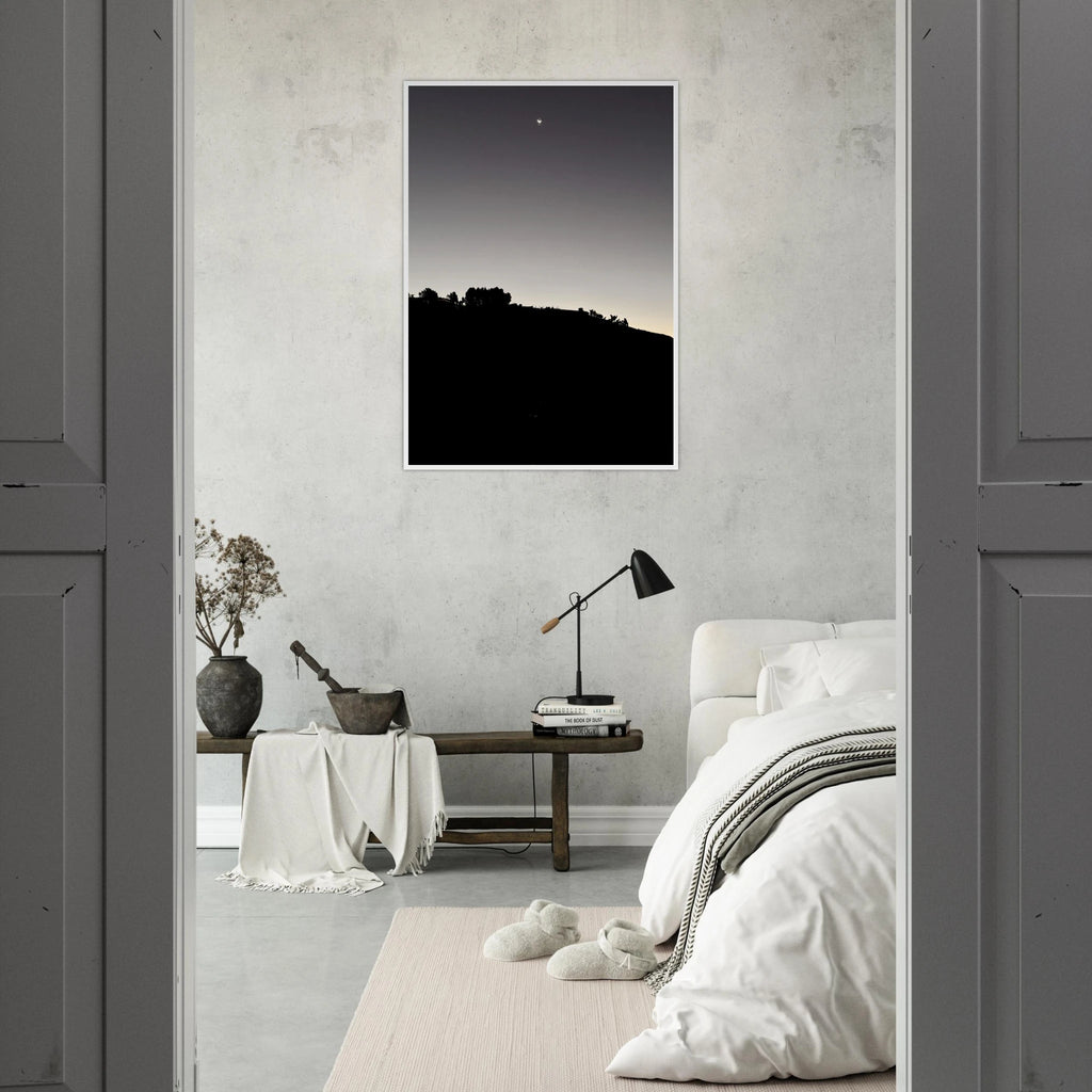 Black and white wooden framed poster of the Fall New Moon over Hollywood Hills, California, from the Studio Edition print series.
