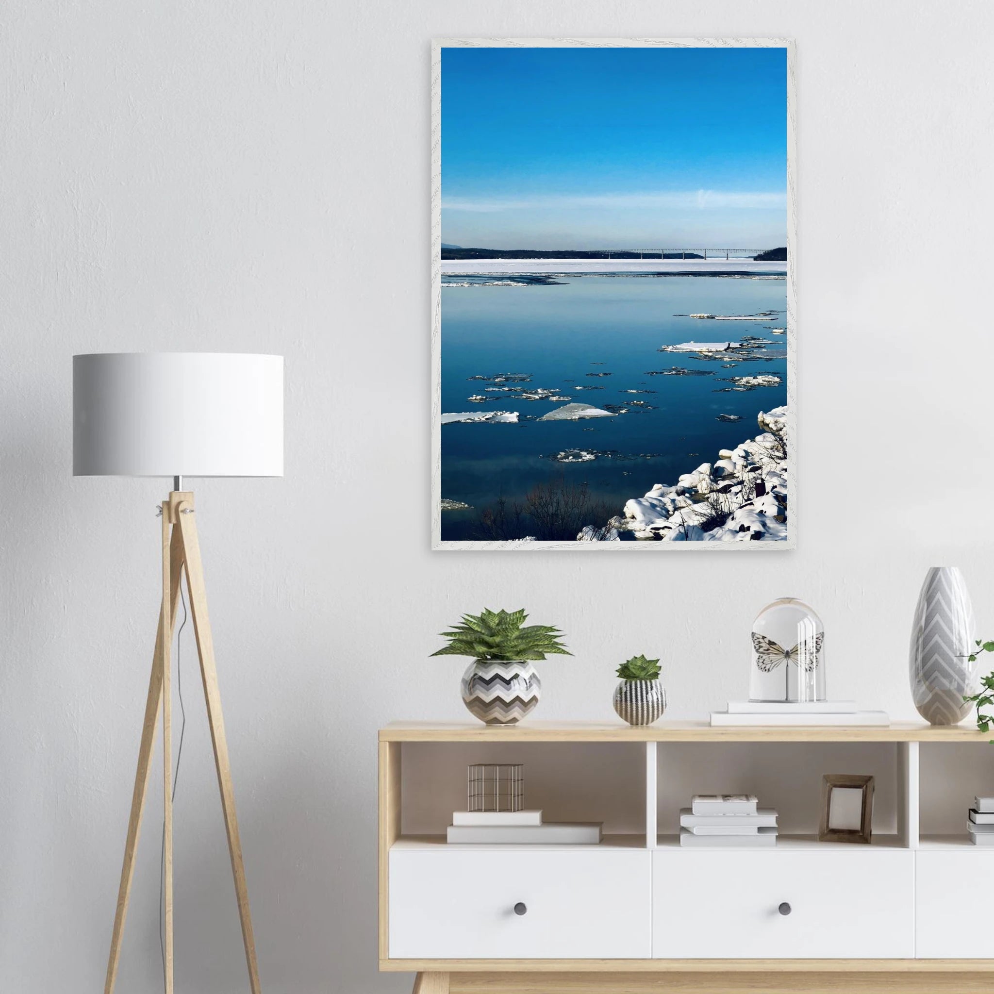 Wooden framed winter poster featuring snowy landscape from the Hudson Valley, part of the Studio Edition holiday travel collection.