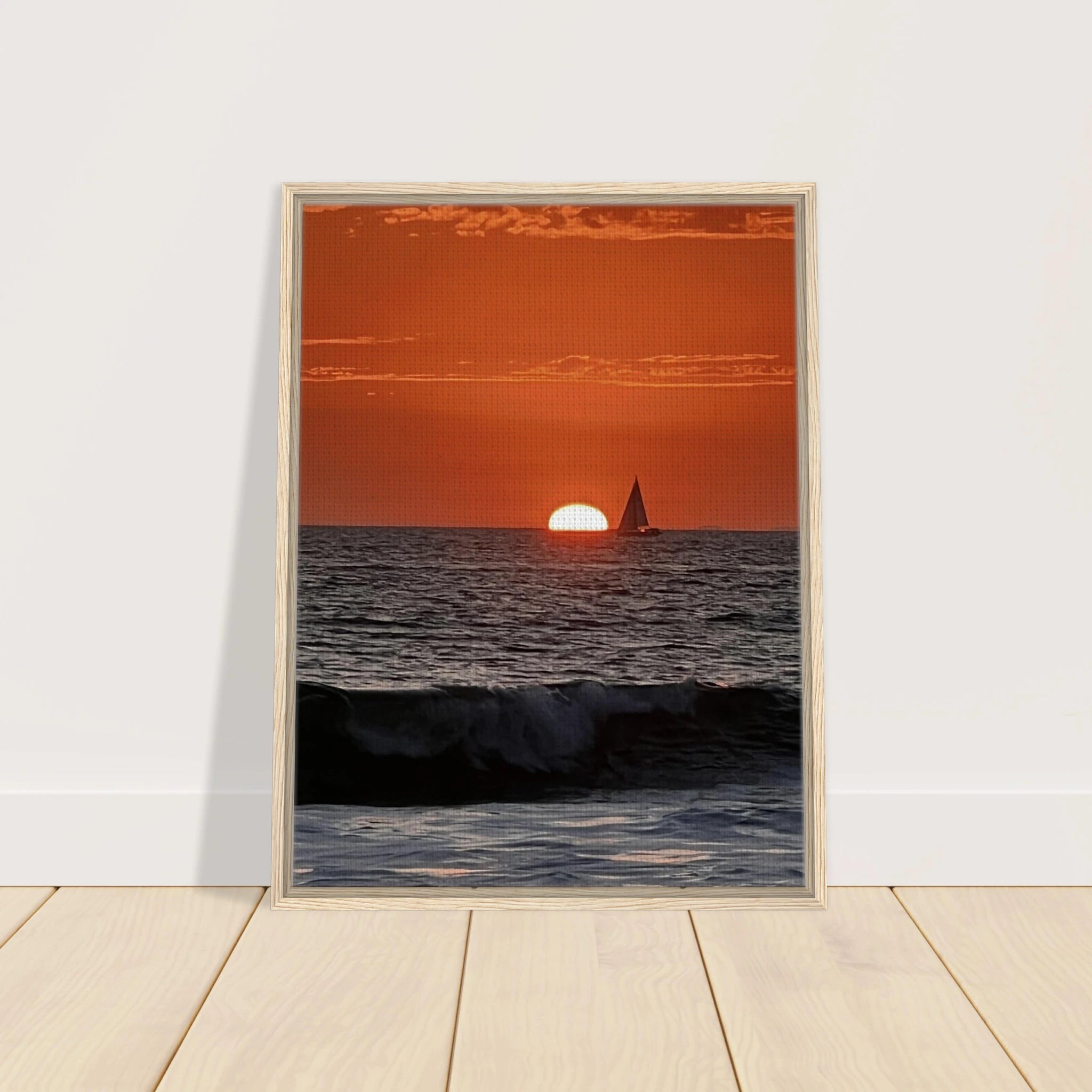 Wooden framed canvas print of California Red Sunset Series 4/4 by CaliCuration with vibrant red sunset hues.