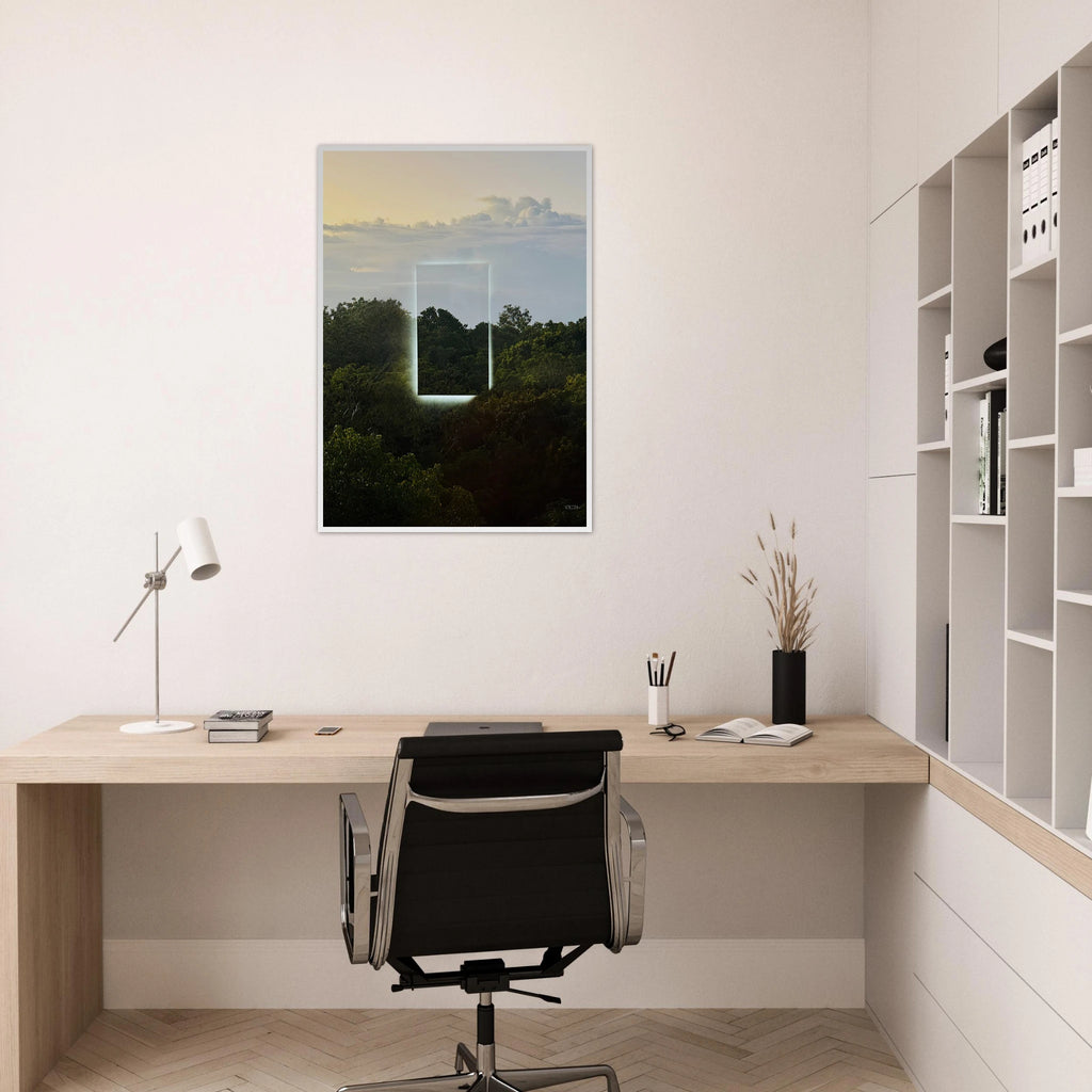 Color print of "A Window into Jungle Stillness" by CaliCuration, showing vibrant jungle scene with lush greenery and tranquil atmosphere.