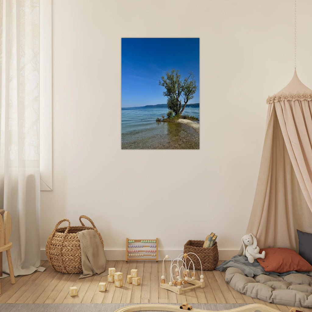 Aluminum print of a majestic tree by a European lake, nature-inspired wall art from the Travel Collection, Studio Edition.