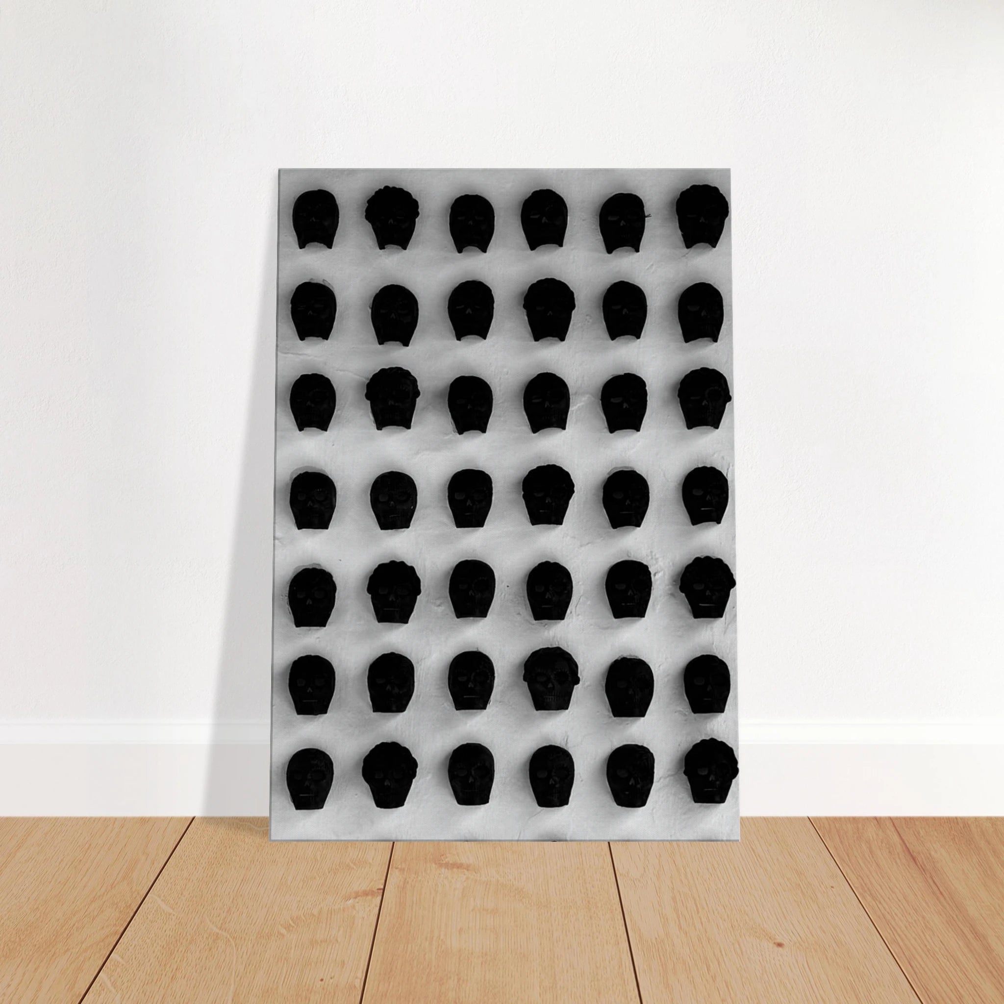 Black and white monochrome skull grid canvas wall art, minimalist abstract photography print for modern home decor.