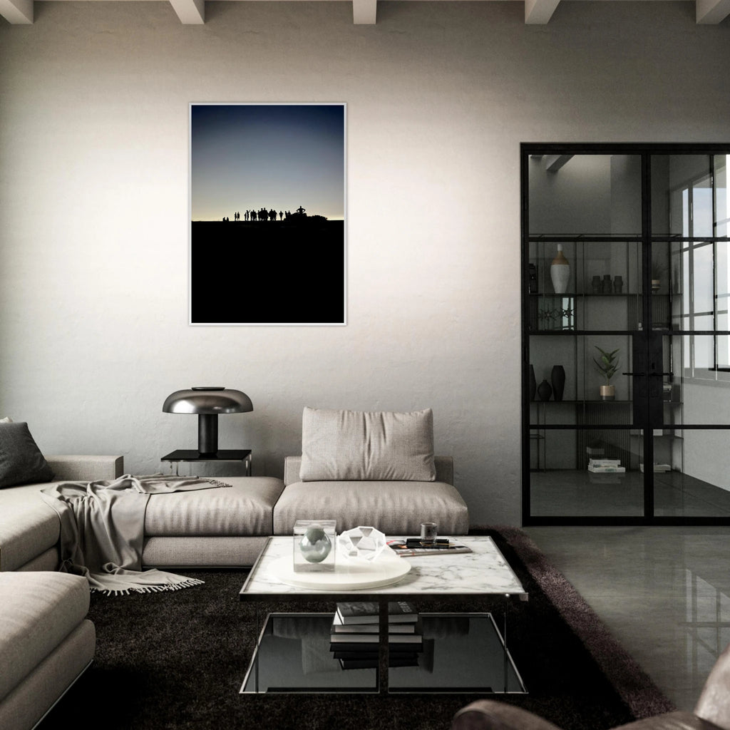 Black and white framed print of Hollywood Hills city lights poster, featuring mystical California scenery in the Summer Hike series.