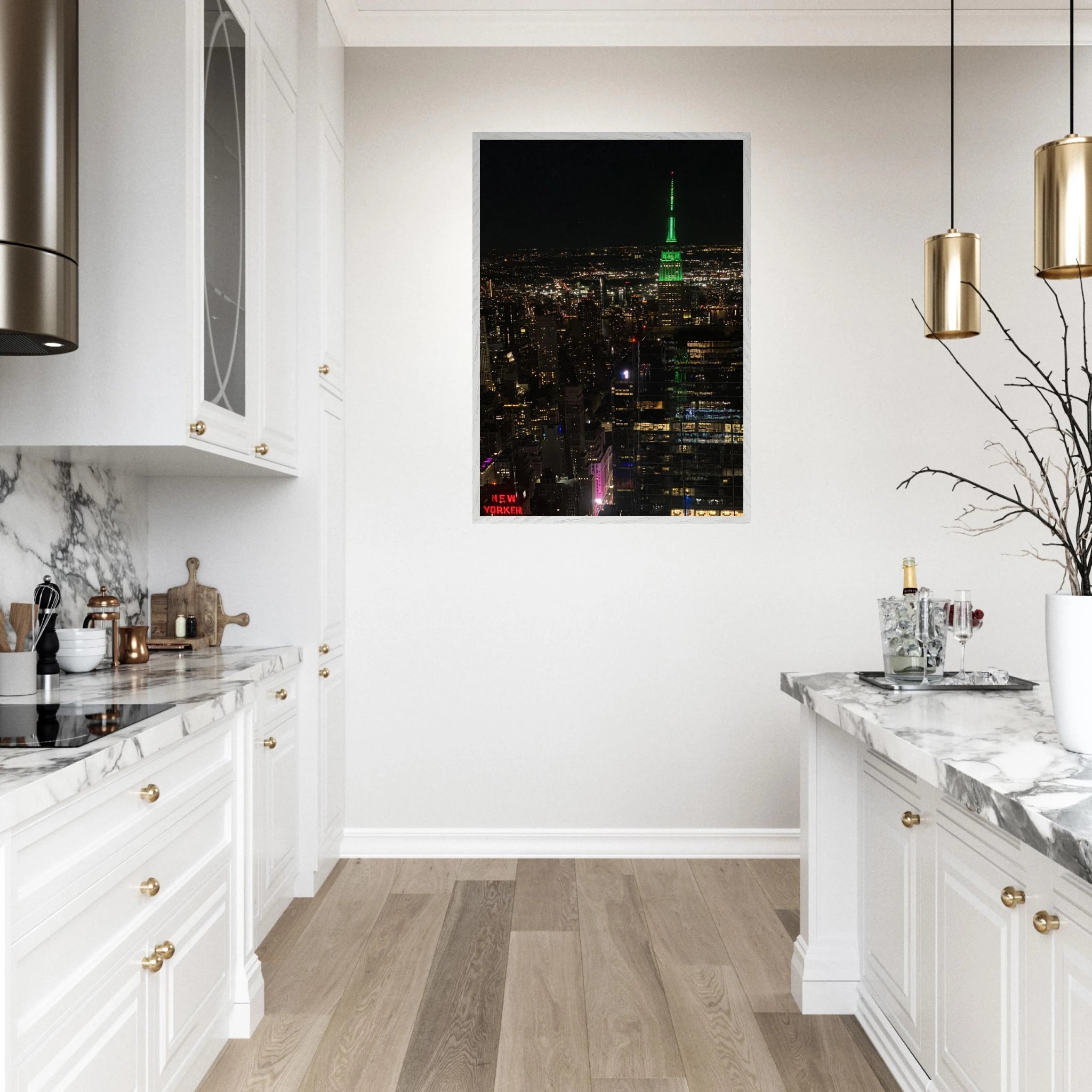 Wood-mounted framed poster of iconic NYC downtown night view with Empire State Building, part of the Studio Edition travel collection.