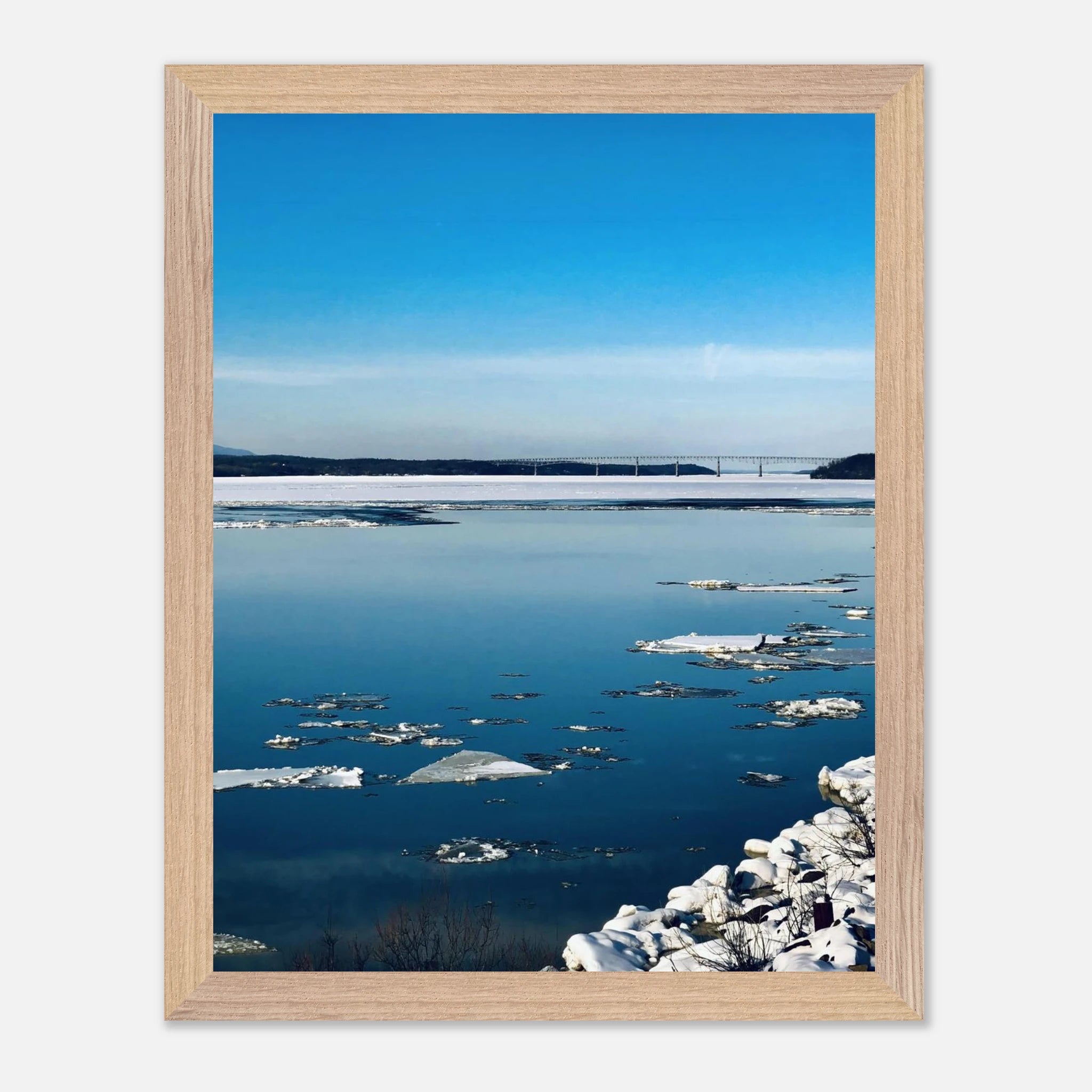 Wooden framed Hudson Valley winter poster print with snowy landscape, part of the Studio Edition Travel Collection.